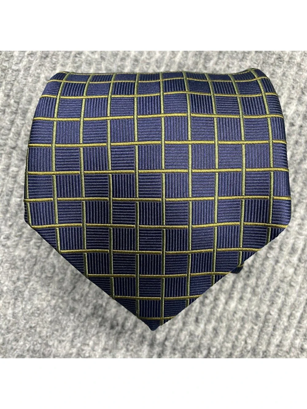 Brooks Brothers Makers Necktie Navy Olive Green Grid Check Textured Silk Tie USA